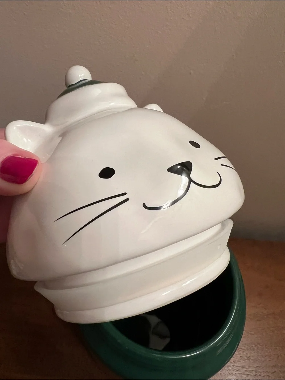 Rae Dunn Ceramic Cat Treat Jar in Green - Peace Love & Purrs
